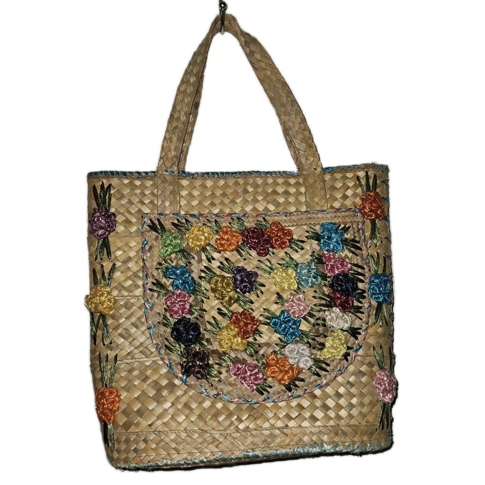 Vintage Embroided‎ Floral Raffia Straw Beach Market Tote Bag Lined Summer Beach - Picture 2 of 13